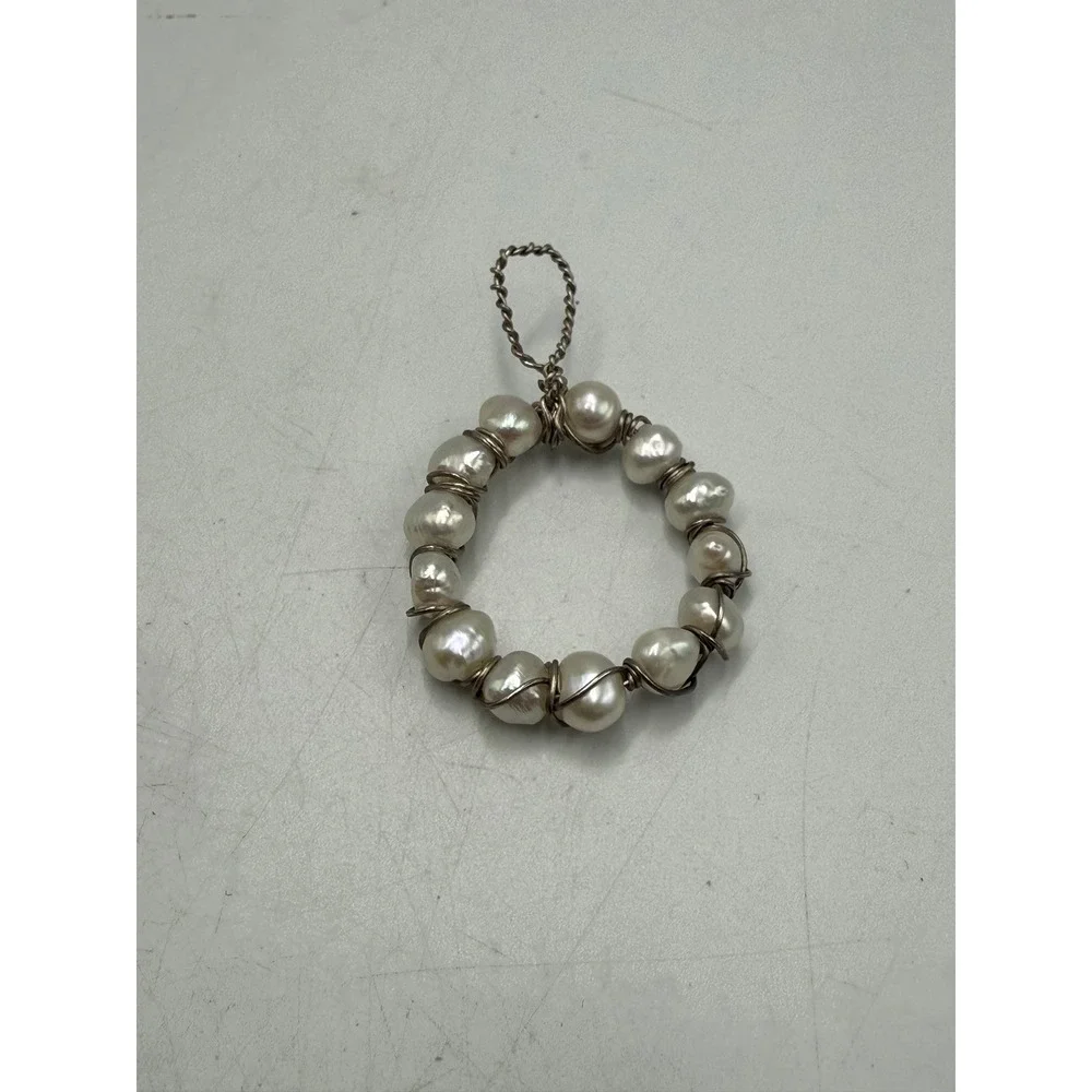 Artisan Wire Wrapped Pearl Wreath Pendant White Freshwater Pearl Charm Silver